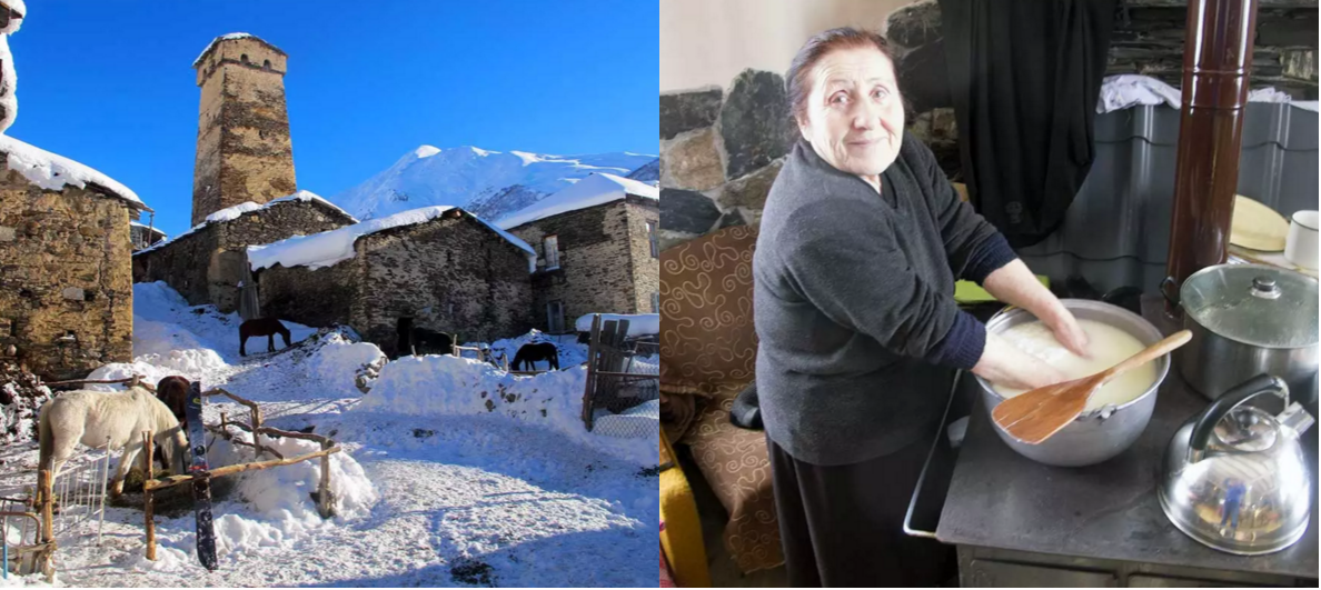 Left - Just outside the house, the start of another day’s adventure… Right - Our lovely Babuska preparing hand made cheese. Photos - Luca Pandolfi